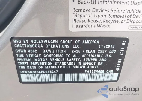 2014 Volkswagen Passat 2.0L Tdi Se from USA, damaged, VIN 1VWBN7A36EC045247